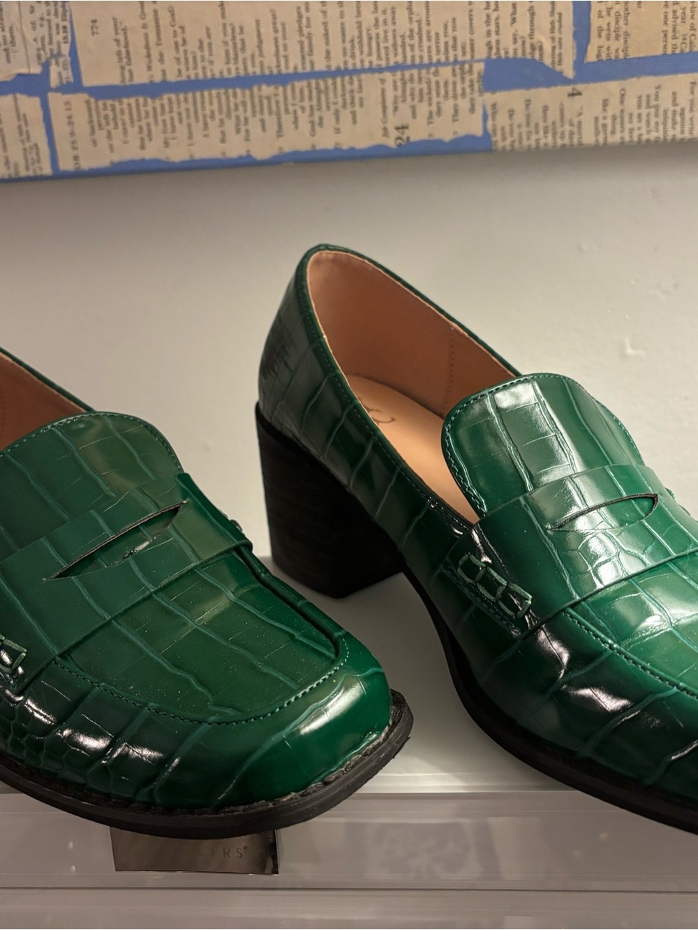 New York & Company Glossy Green Croc-Embossed Block Heel Loafers